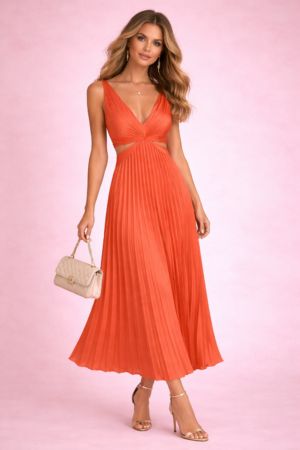 Robe plissée longue satin corail brûlé intense