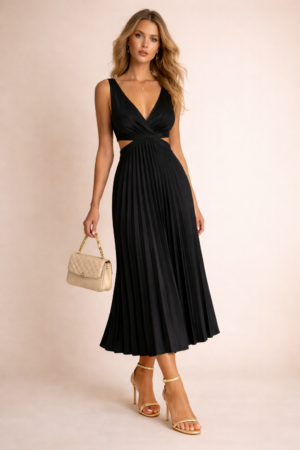 Robe plissée longue satin noir profond – Élégance structurée