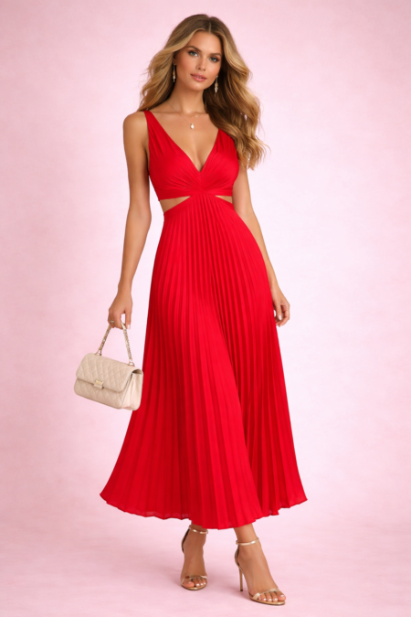 Robe plissée longue satin rouge carmin élégante femme robe plissée chic soirée
