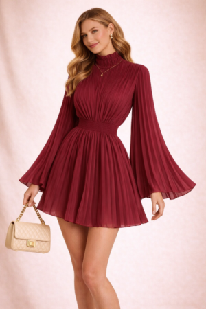 Robe plissée courte évasée col montant manches volantées rouge bordeaux mousseline