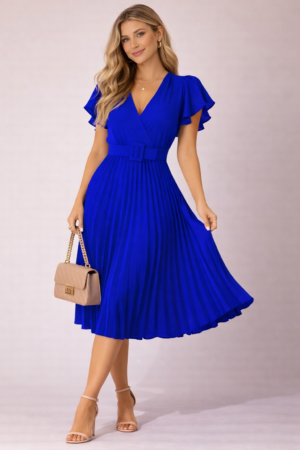 Robe plissée midi portefeuille ceinturée bleu électrique polyester