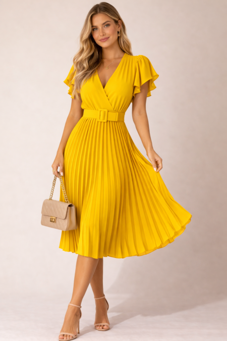 Robe plissée midi polyester jaune moutarde élégante robe plissée femme