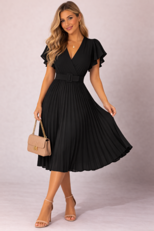 Robe plissée midi portefeuille ceinturée noire polyester