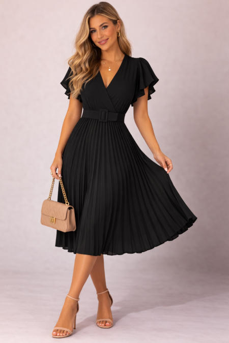 Robe plissée midi polyester noir intense élégante robe plissée femme