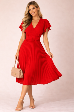 Robe plissée midi portefeuille ceinturée rouge carmin polyester