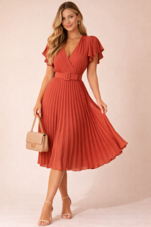 Robe plissée midi portefeuille ceinturée terracotta polyester