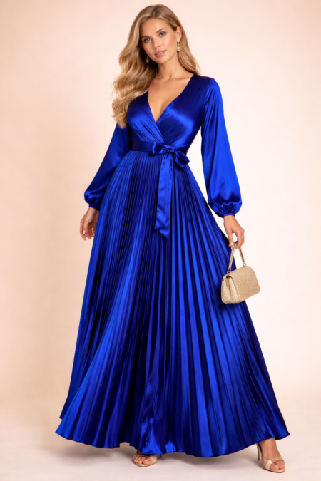 robe plissee longue satin bleu electrique trois quarts face