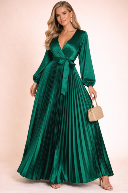 robe plissee longue satin vert emeraude trois quarts face