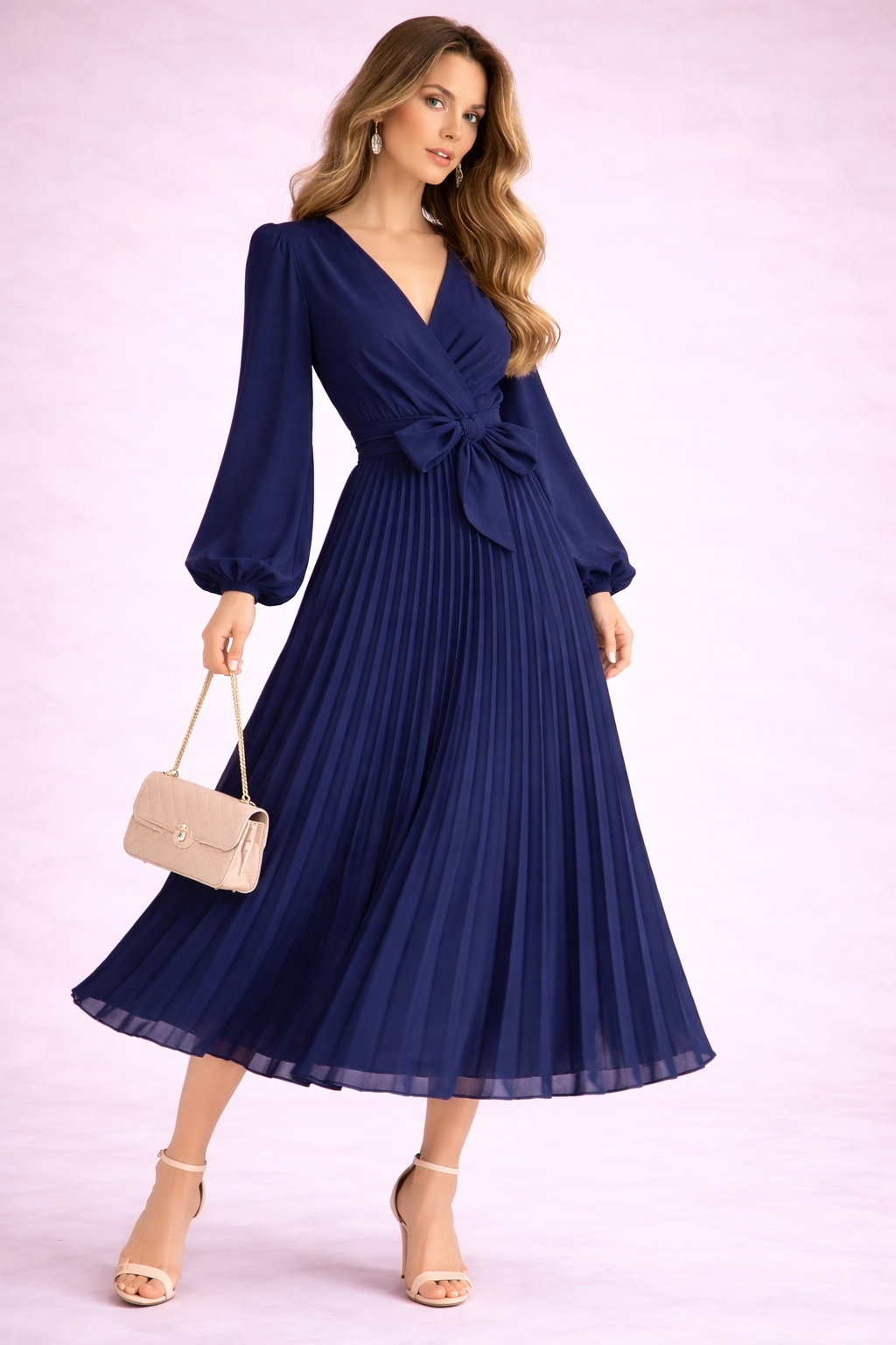 Robe plissée midi ceinture nouée manches longues bleu marine mousseline