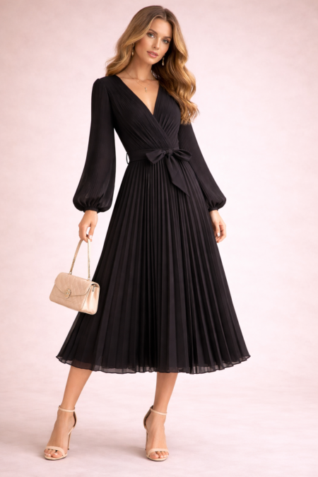 Robe plissée midi mousseline noire ceinturée manches longues élégante