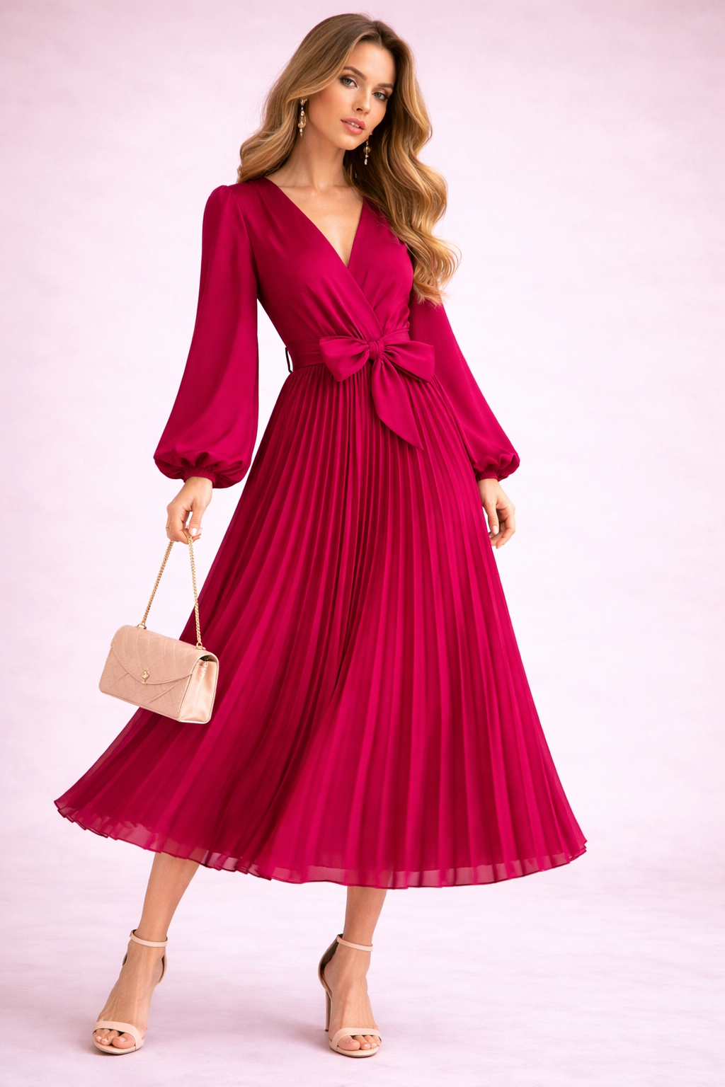 Robe plissée midi ceinture nouée manches longues rose fuchsia mousseline