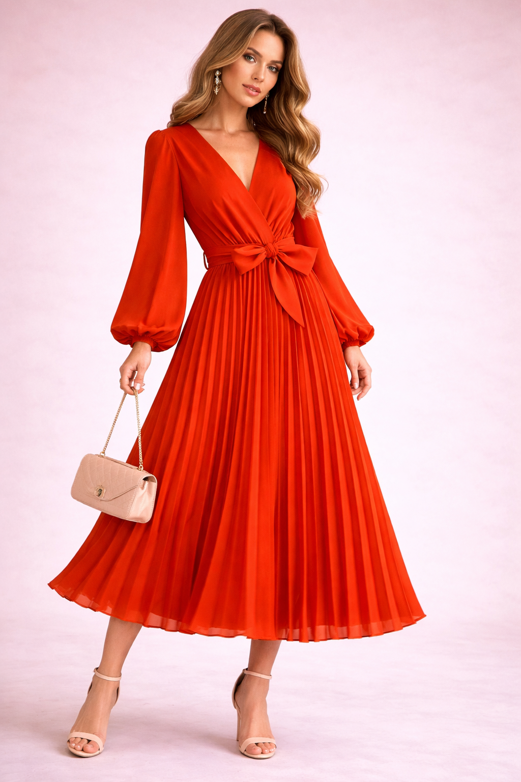 Robe plissée midi ceinture nouée manches longues rouge corail mousseline