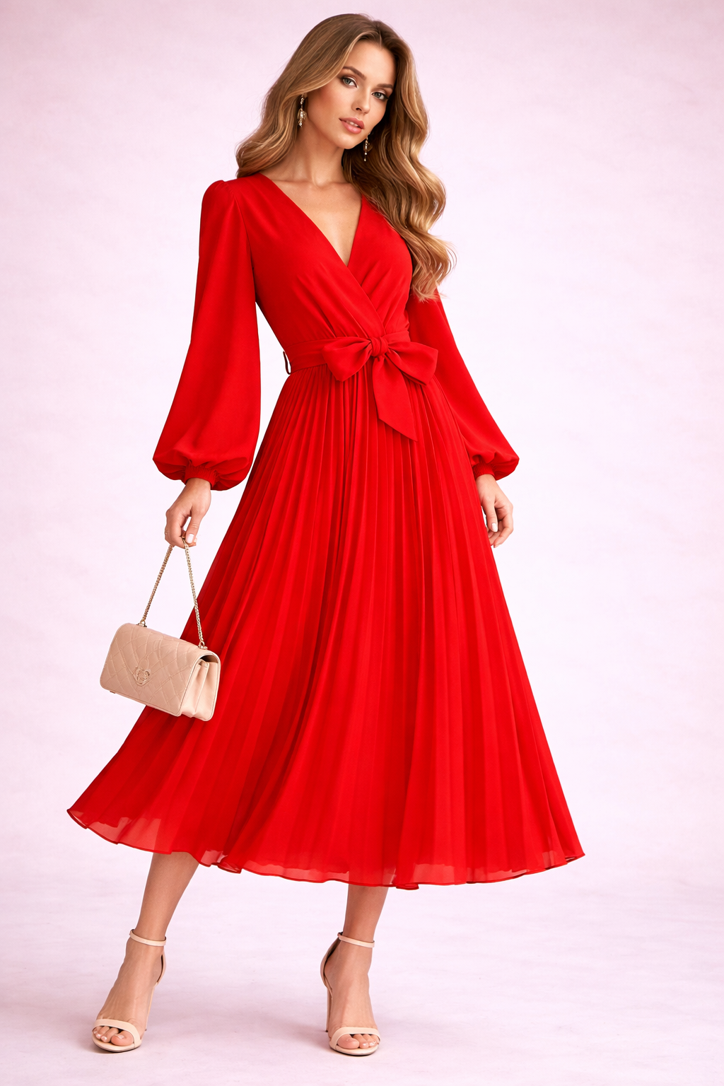 Robe plissée midi mousseline rouge passion ceinturée manches longues élégante