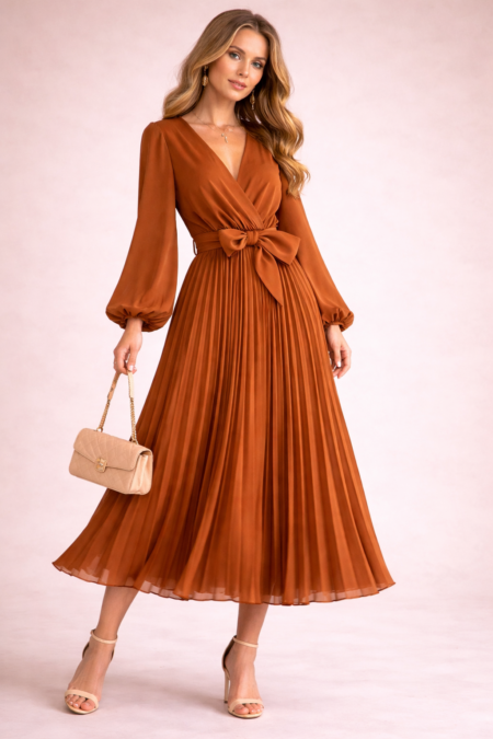 Robe plissée midi mousseline terracotta ceinturée manches longues élégante