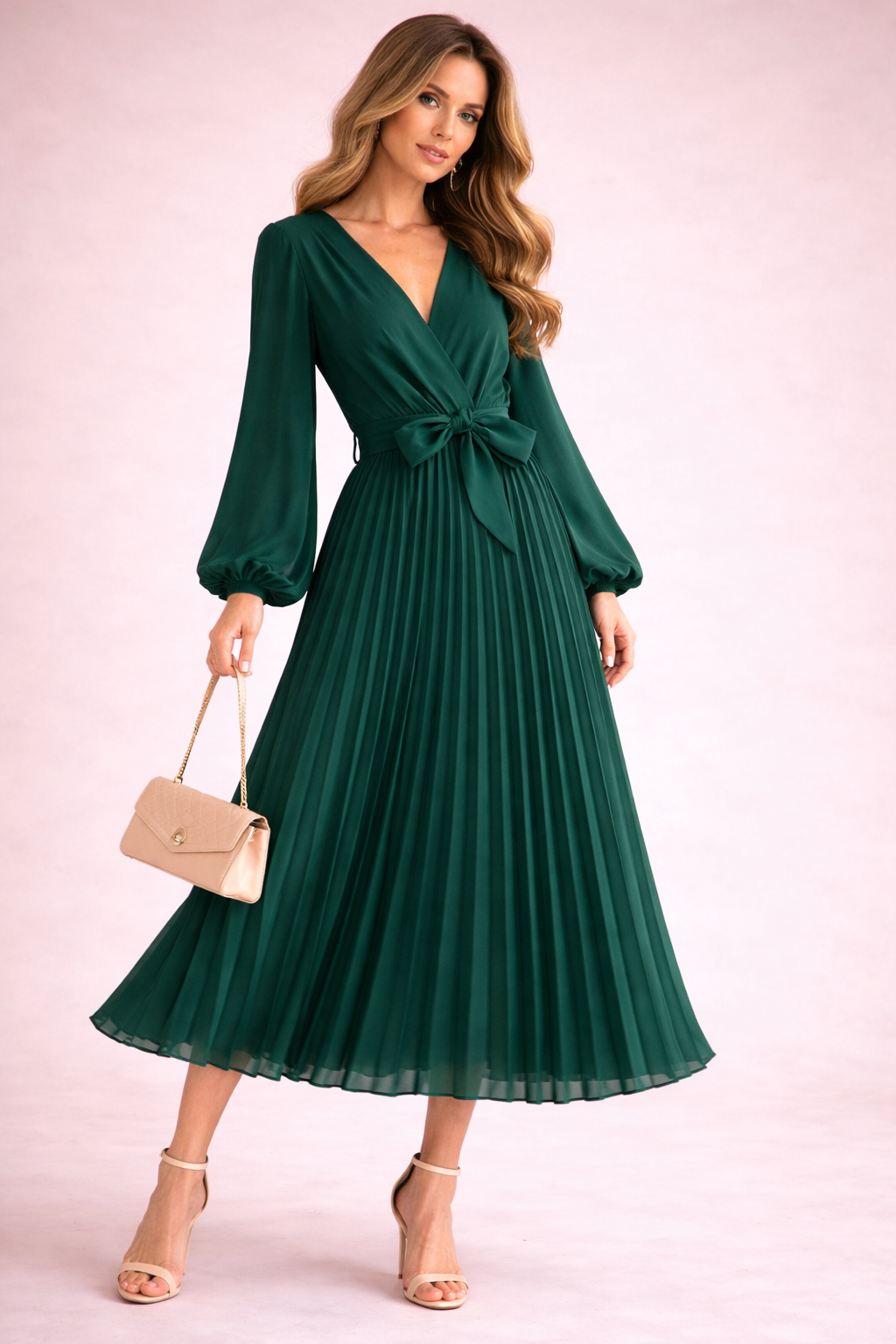 Robe plissée midi ceinture nouée manches longues vert émeraude mousseline