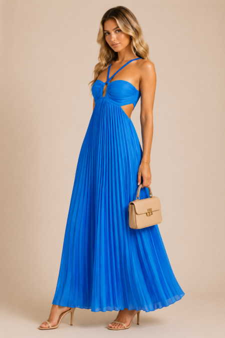 robe plissee longue polyester bleu royal trois quarts face