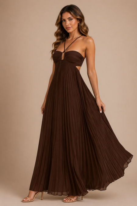 robe plissee longue polyester marron espresso trois quarts face