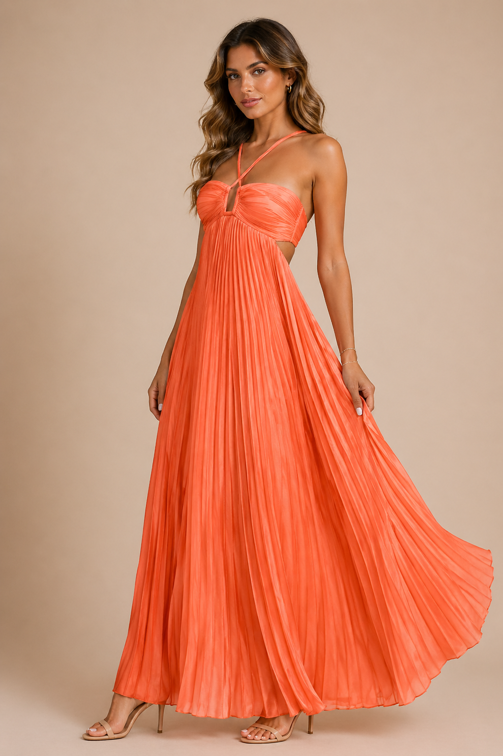 Robe plissée longue fluide élégante orange saumon taille haute lumineuse