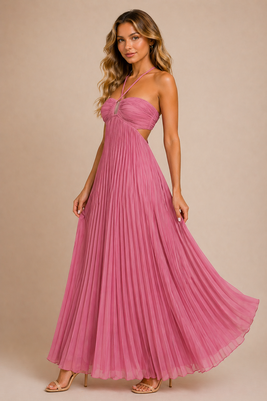 Robe plissée longue fluide élégante rose bois de rose taille haute raffinée