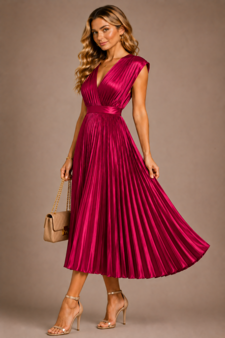 robe plissee mi mollet satin rose framboise trois quarts face