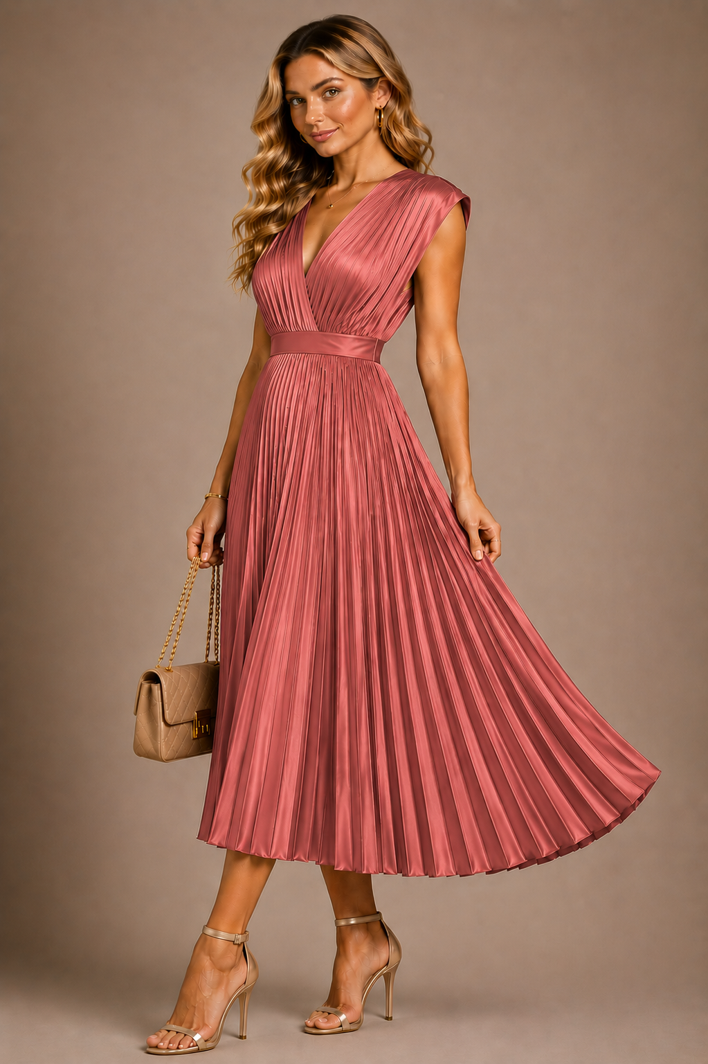 Robe plissée midi satin rose terre cuite col V sans manches élégante